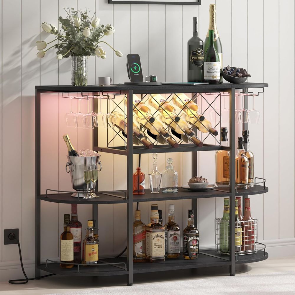 Coffee & Tea Garden Lincoln Menu - Zwarte 3-laags salontafel met wijnrek, stopcontact