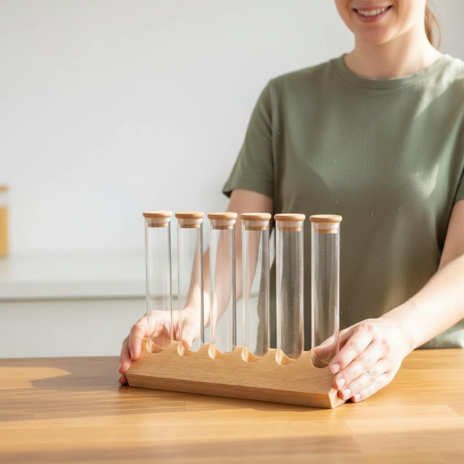 Coffee Bean - Glazen buisvormige bewaardoosenset met houten standaard,